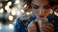 Young woman in blue sequin dress holding glittering cup with warm bokeh lights background creating cozy holiday atmosphere. Soft focus portrait captures festive moment.