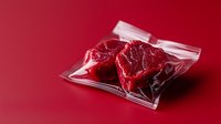 Fresh raw beef chunks in transparent vacuum sealed package on red background. Premium quality meat cut ready for cooking or storage.