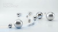 Metallic spheres of varying sizes flowing along a curved path on white surface, representing growth, progress, and capital movement for business concepts.