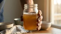 Person holding glass jar filled with amber liquid, likely tea or kombucha, near window with natural light and blurred background elements.