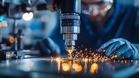 Sparks fly from industrial laser cutting machine in manufacturing facility as technician operates precision equipment. Metal fabrication process in action.