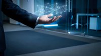Businessman hand presenting glowing network connections in modern office environment for digital transformation and connectivity concepts.
