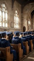 Graduates in caps and gowns seated in historic stone chapel with stained glass windows during commencement ceremony for academic achievement celebration.