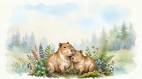 Capybaras resting together in natural forest setting with wildflowers and evergreen trees, suitable for wildlife illustration, children's books, and nature-themed designs.