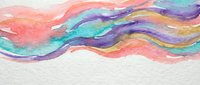 Colorful watercolor waves in coral, teal, purple and gold on white textured paper, abstract art background for design.