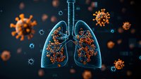 Anatomical visualization of human lungs with orange viral particles on dark background, showing respiratory system infection and disease spread concept.