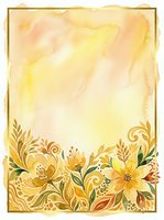Watercolor floral frame with golden ornamental borders and yellow flowers on cream background, isolated on transparent background for design use.