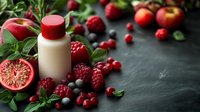 Healthy berry smoothie bottle surrounded by fresh raspberries, blueberries, cranberries and mint leaves on dark slate background for wellness nutrition.