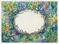 Watercolor botanical wreath frame with vibrant green and purple foliage on textured background for wedding invitations and greeting cards.