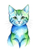 Watercolor cat portrait with blue and green gradient colors on white background. Artistic pet illustration for home decor, greeting cards, and print designs.