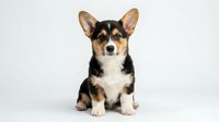 Adorable tricolor Corgi puppy sitting on white background, isolated cute dog with perky ears and fluffy coat for pet designs and marketing materials.