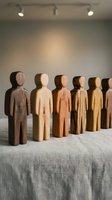 Wooden figurines in various natural tones arranged in a row on linen fabric, representing diversity and unity for business, teamwork, and organizational concepts.