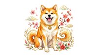 Cheerful orange and white Shiba Inu dog with happy expression surrounded by pink flowers and decorative foliage, isolated on white background for design projects.
