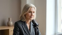 Professional mature blonde businesswoman speaking into microphone during podcast recording or interview in modern office setting.