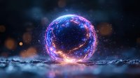 Glowing magical sphere with blue and pink energy rings floating above reflective surface against dark background with bokeh lights and starry particles.