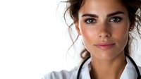 Young Mediterranean woman with natural makeup and messy updo hairstyle wearing white shirt against light background, confident professional portrait.