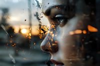 Female profile silhouette behind wet glass with sunset reflection and water drops creating dreamy atmospheric mood for emotional storytelling and creative portraits.