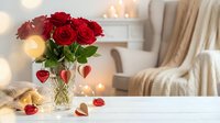 Red roses bouquet in glass vase on white table with heart decorations and warm lighting creating romantic Valentine's Day atmosphere in cozy living room.