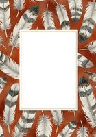 Feather frame with white blank space on rust-red background, featuring black and cream striped feathers arranged in border pattern, ready for text, quotes, or design overlay.