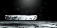 Floating marble platform against dark background with reflective surface and dramatic lighting creates modern minimalist display stage for product presentation.