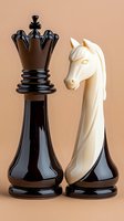 Black king and white knight chess pieces standing together on neutral background for strategic game concepts and business metaphors.