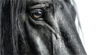 Close-up of black horse eye and face showing detailed texture of skin and mane, conveying strength and emotion in dramatic monochrome with amber eye.