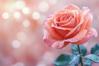 Delicate coral rose with morning dew drops against soft bokeh background, petals covered in sparkling water droplets, romantic floral composition with green leaves.