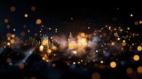 Glowing golden particles and light streaks create magical atmosphere with bokeh effect against dark background, abstract digital art visualization.