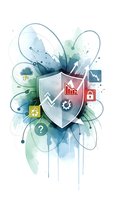 Digital security shield with business icons on watercolor splash background for cybersecurity and data protection concepts.