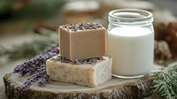 Handmade lavender soap bars with dried flowers on wooden slice next to fresh milk in glass jar, natural spa and skincare composition with aromatic herbs.