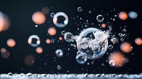 Floating soap bubbles with orange bokeh lights against dark background, macro photography capturing delicate water droplets and reflective surfaces in motion.