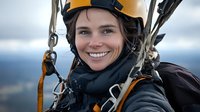 Young Caucasian woman wearing safety helmet and climbing gear smiles confidently during mountaineering adventure. Close-up portrait shows genuine joy and professional equipment.