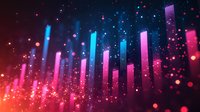 Abstract digital equalizer with vibrant pink and blue light bars rising against dark background with glowing particles for music or audio visualization.