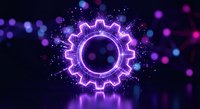 Glowing purple neon gear wheel with electric sparks on dark background. Digital technology concept for automation, engineering and industrial design projects.