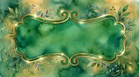 Ornate green and gold watercolor frame with decorative botanical flourishes and swirling gold accents, isolated on transparent background for design projects, invitations, and branding applications.