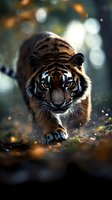 Majestic tiger walking forward through forest with intense blue eyes and orange striped fur in natural habitat with bokeh lighting effects.