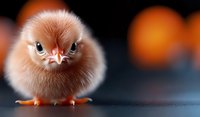 Adorable fluffy baby chick with orange-brown feathers looking directly at camera with determined expression against dark background with bokeh lights.