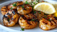 Grilled shrimp with charred edges garnished with fresh herbs and lemon wedges on gray plate, close up view showing juicy texture and caramelized surface.