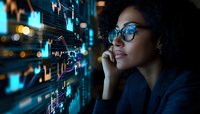 African American businesswoman analyzing financial data on digital screen, thoughtful expression while monitoring stock market trends in dark office environment.