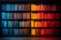 Colorful rainbow gradient bookshelf with books arranged by color from cool blue to warm red tones creating dramatic lighting effect in dark library setting.
