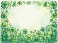 Watercolor green shamrock border frame with swirls and four-leaf clovers on light background, copy space for St. Patricks Day designs.