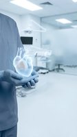 Medical professional holding transparent heart model in modern hospital operating room for cardiology education and healthcare training.