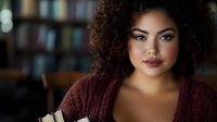 Young Latin American woman with curly natural hair and burgundy cardigan looking confidently at camera against blurred interior background. Professional portrait.