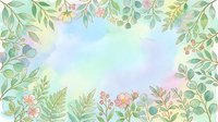 Soft watercolor floral frame with green leaves, pink flowers, and pastel rainbow background, forming a decorative border for cards and invitations.