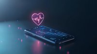 Glowing neon heart with pulse line floating above smartphone displaying health monitoring interface on dark background with pink and blue lighting effects.