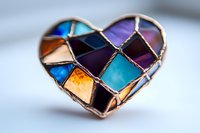Stained glass heart brooch with colorful mosaic pattern featuring purple, blue, and amber segments joined by copper foil, photographed with soft focus background.