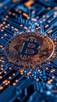 Golden cryptocurrency coin on blue circuit board background with glowing elements and digital connections, representing modern financial technology.