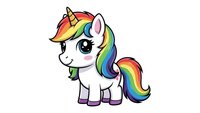 Cute cartoon unicorn with rainbow mane and tail on white background. Colorful magical pony character isolated for children designs and fantasy projects.