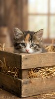 Adorable calico kitten sitting in rustic wooden crate filled with straw in warm barn setting with soft natural lighting for pet and agriculture concepts.