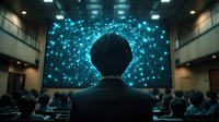 Back view of Asian businessman watching glowing network visualization on screen in dark conference hall, audience silhouettes in foreground.